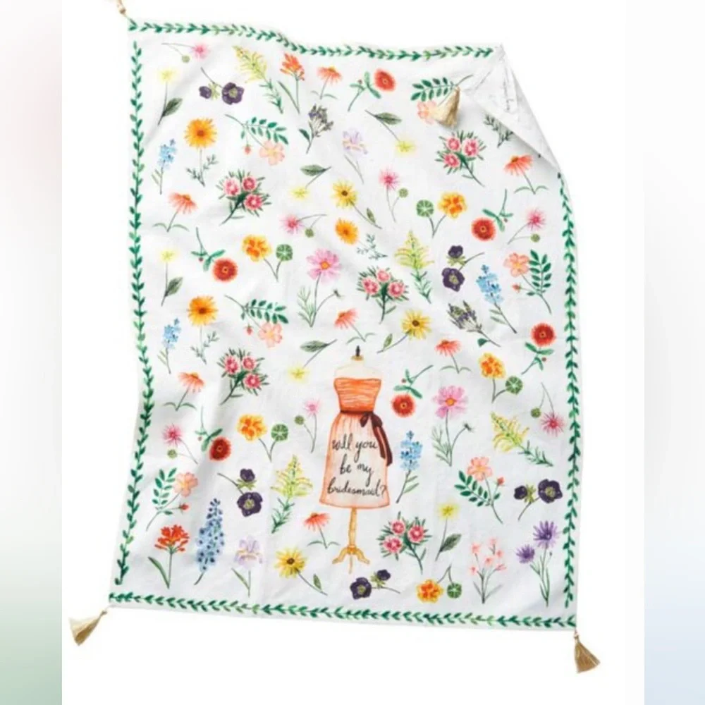Anthropologie Floral Tea Towel Cotton  Gold Tassels
